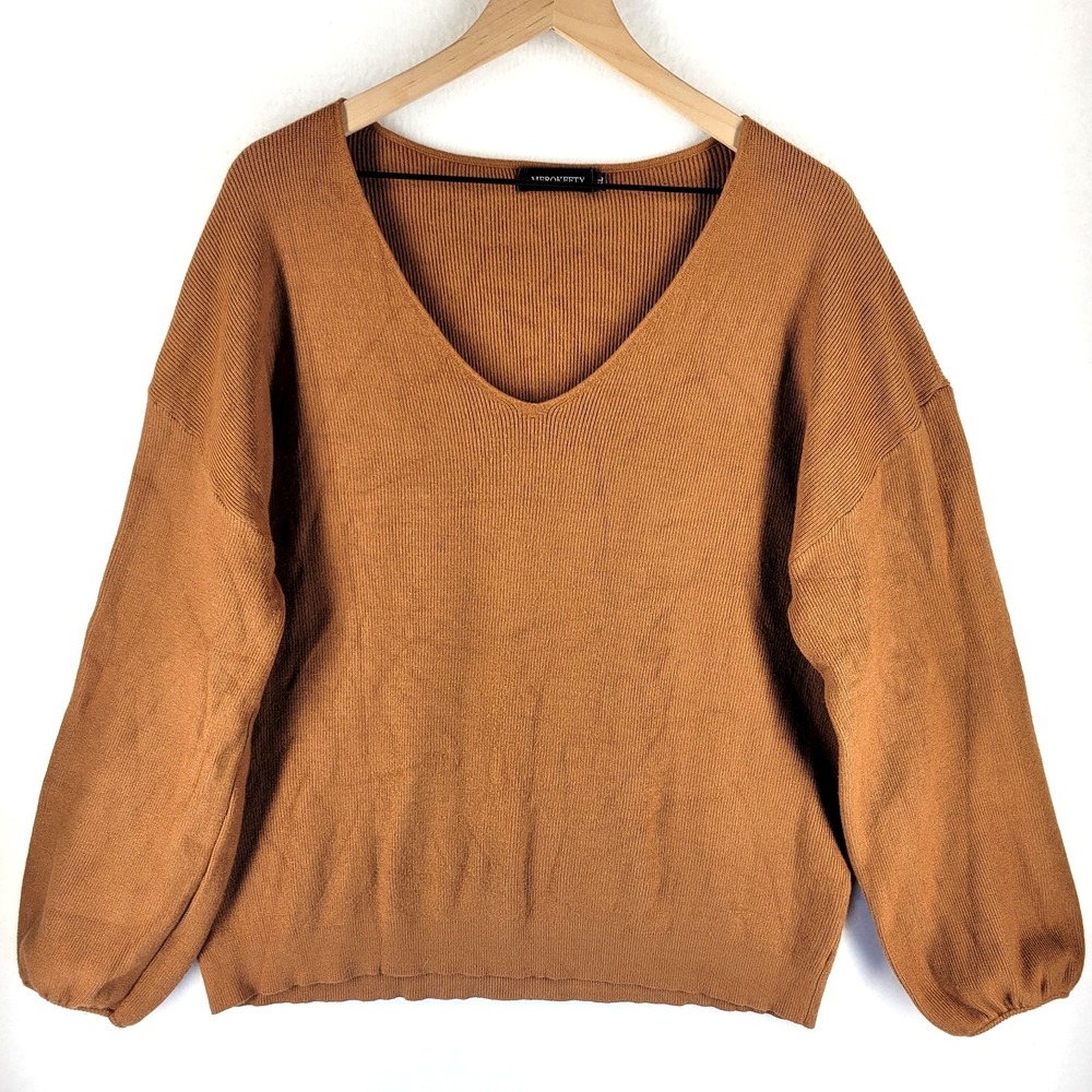 MEROKEETY V-Neck Knit Sweater Womens L Brown‎ Balloon Sleeve Cozy Minimalist